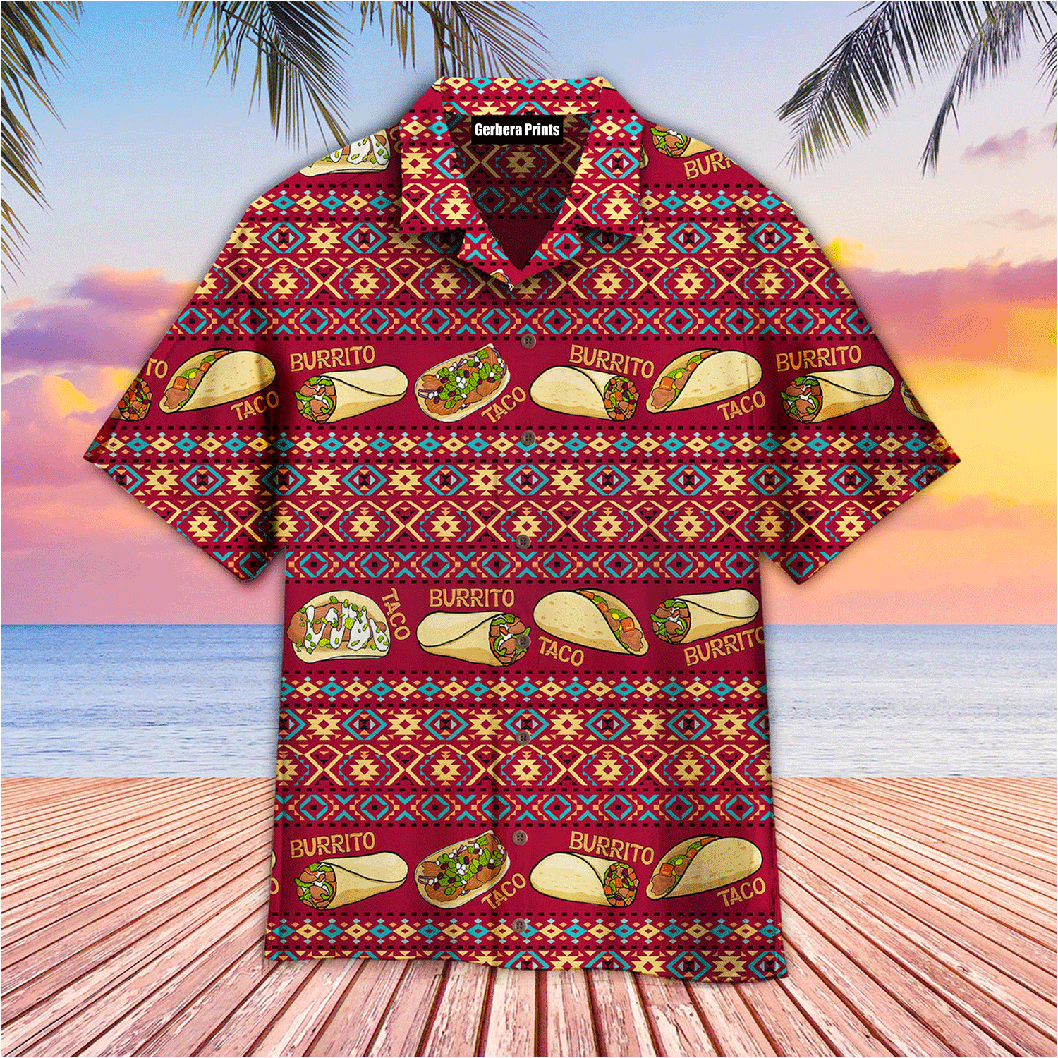 Mexican Taco Burrito Pattern Red Aloha Hawaiian Shirt for Casual Wear