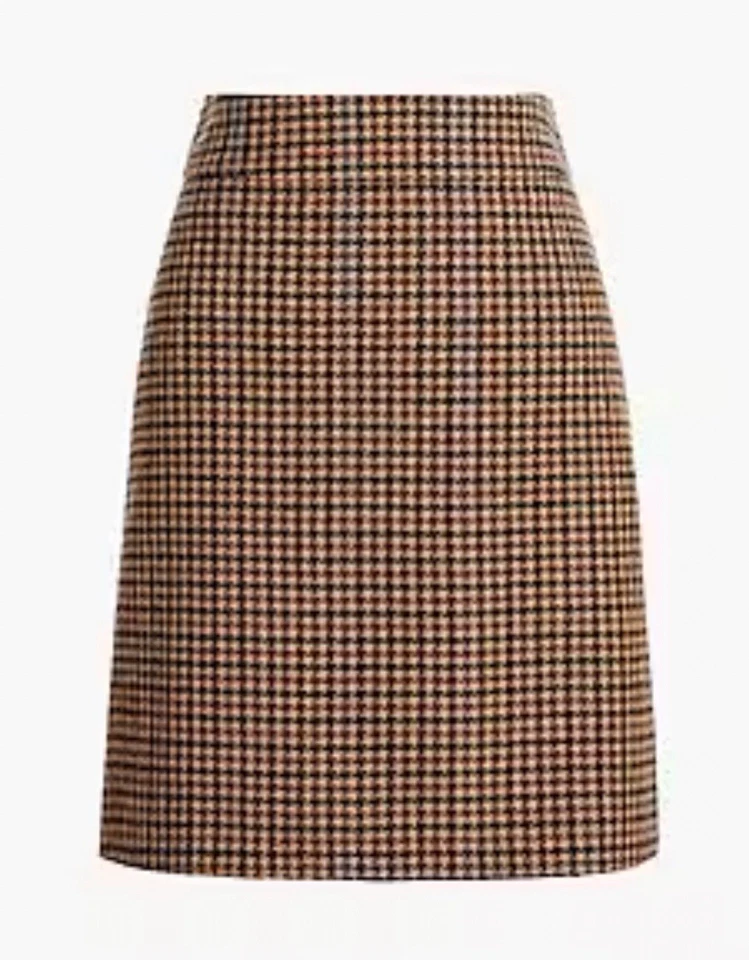 NWT J Crew Brown Houndstooth Pencil Skirt Wool Blend Lined Size 0 Camel Multi