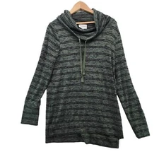 Olive Oak Womens Knit Sweater Lightweight Drawstring Cowl Neck Green Stripe Sz L