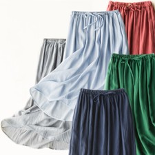 Women Lady Cotton Linen Skirt A-line High Waist Midi Ethnic Solid Loose New