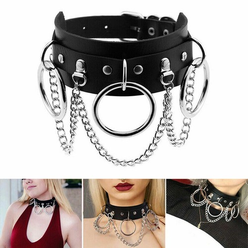 Women PU Leather Choker Necklace O Ring 