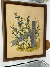 Paragon Needlepoint Embroidery blue Floral fence Framed Picture Wall Art Large