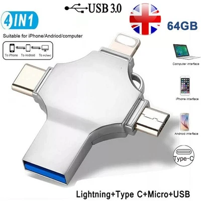 4 in 1 USB Flash Drive 64GB Memory Photo Stick for iPhone Samsung Android UK