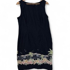 Crazy Horse Shift Dress Women 12 Navy Blue Tropical Floral Border Print