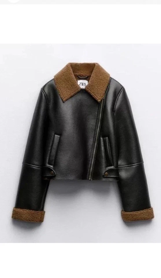 ZARA NEW WOMAN FLEECE BIKER JACKET BLACK BROWN M 2949/221 - Image 4 of 4