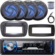 Pyle Single-DIN Marine Stereo W/Install Kit  Adapter Plate, 4x 4" LED Speakers