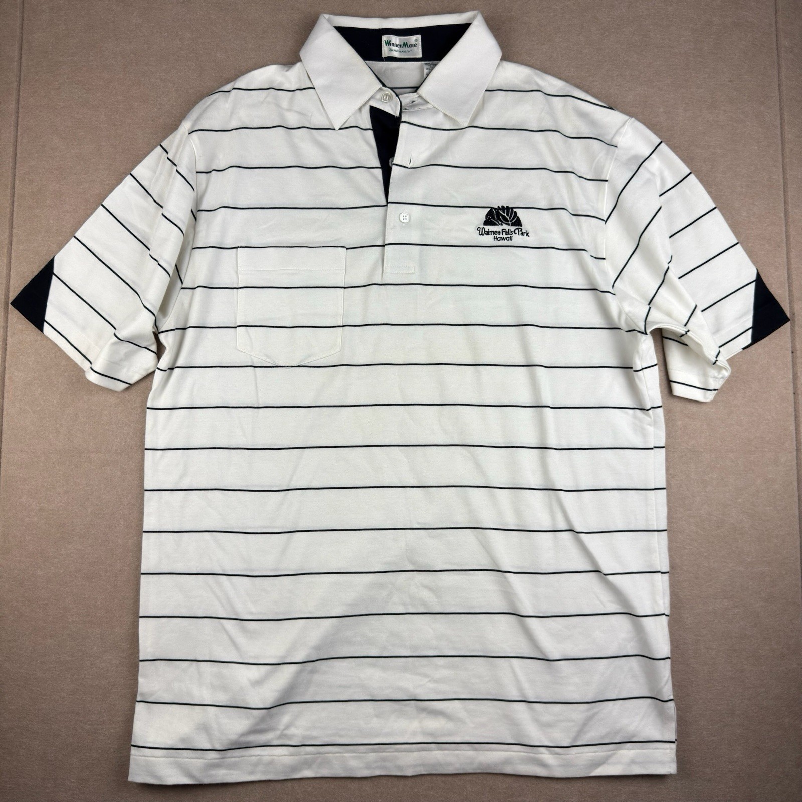 Vintage WinnerMate Shirt Men L White Black Stripe Waimea Falls Hawaii 90s Nature