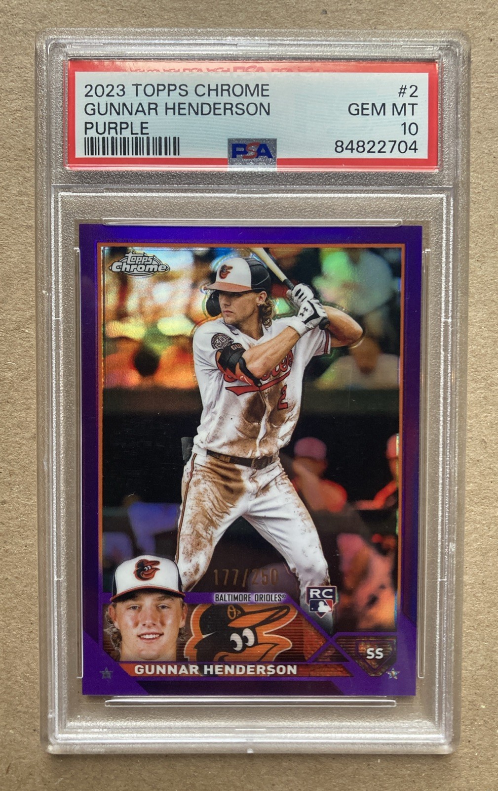 2023 Topps Chrome Gunnar Henderson RC Purple Refractor /250 Orioles 2 PSA 10