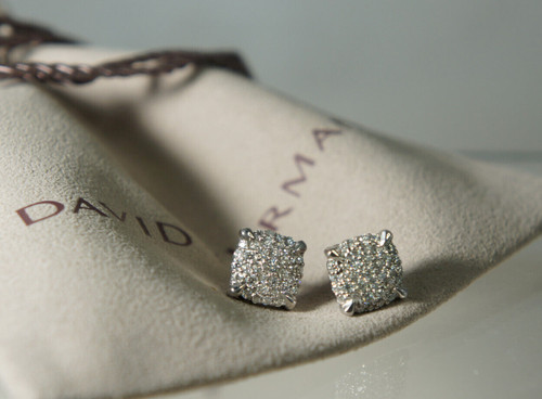 David Yurman Sterling Silver 7mm Chatelaine Earrings Pave Diamonds & Stud