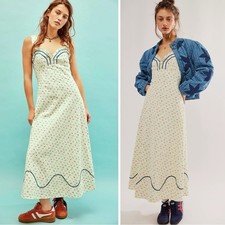 Free People Dainty Western Prairie Sweet Hearts Midi Dress in Ivory Combo Large