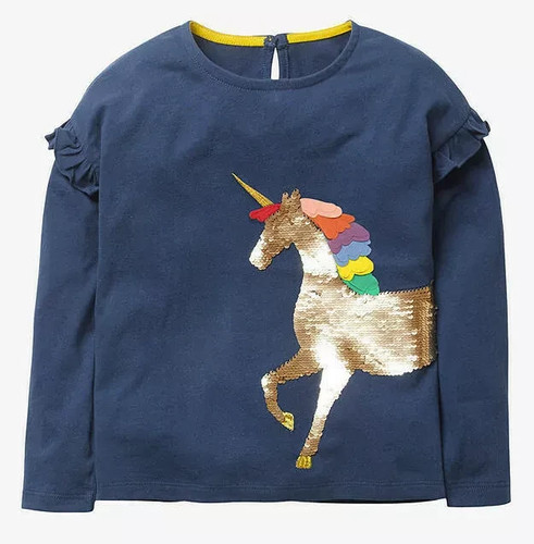 Mini Boden top bambina manica lunga 6-7 anni blu navy unicorno che cambia colore paillettes
