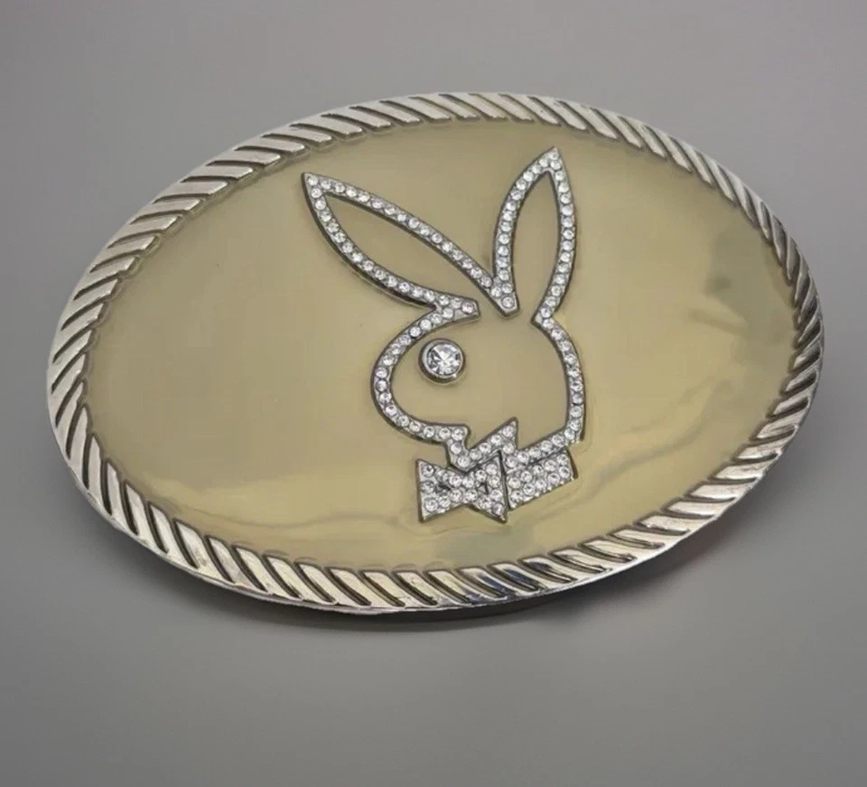 Hebilla de cinturón vintage Playboy Bunny estrás y resina esmaltada tono dorado y plateado. Foto 4 de 4