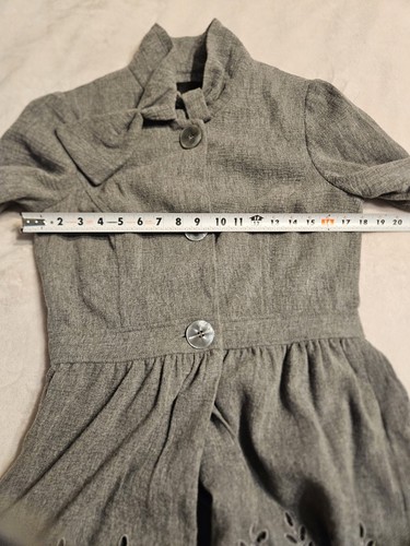 Gray wool blend women’s short coat dress size 8 with high collar, front button closure, and floral pattern on fabric.