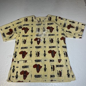 African Traditional Men’s Dashiki Shirt Olive/Gold With Green Patterns Size XL