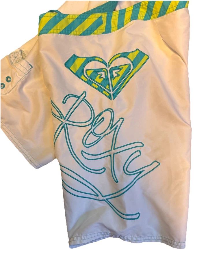 Vtg Y2K Roxy Long Board Shorts White w/ Stripes 7 Beach Travel Swim Retro Surfer - Image 2 of 4