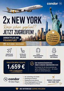 Condor 2x New York Direktflug ab FRA 26.11–03.12.26