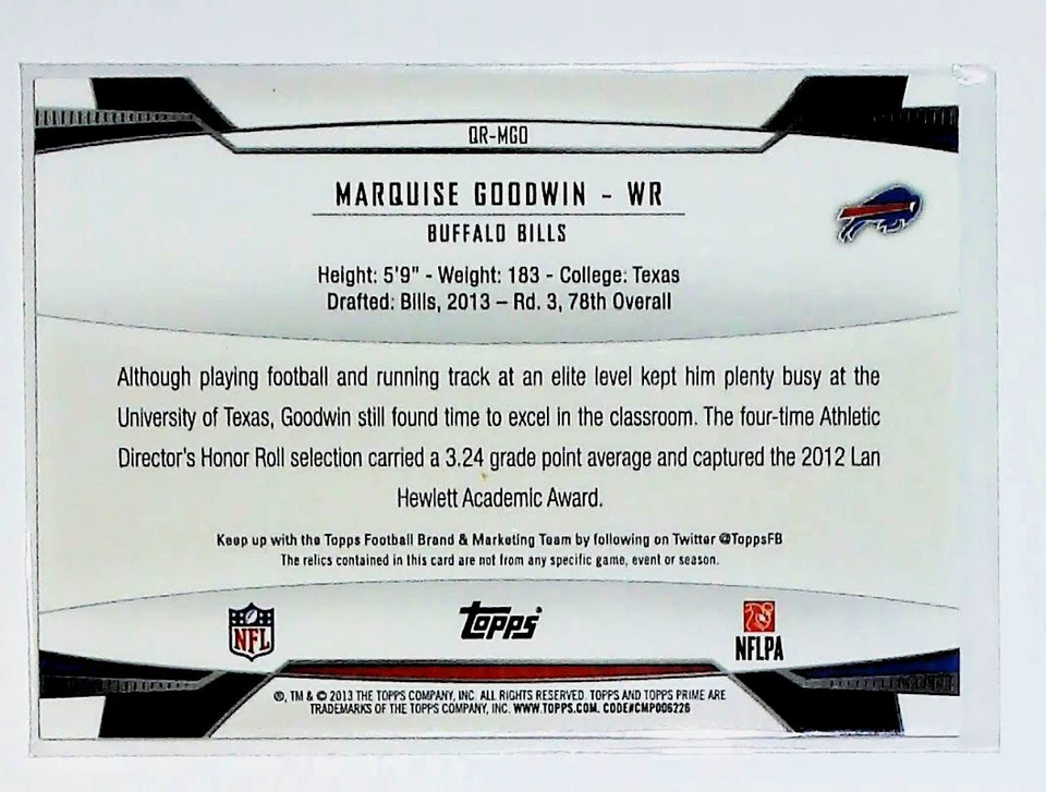 2013 Topps Prime #QR-MGO Marquise Goodwin Quad Relics Copper #/94 - Image 2 of 2