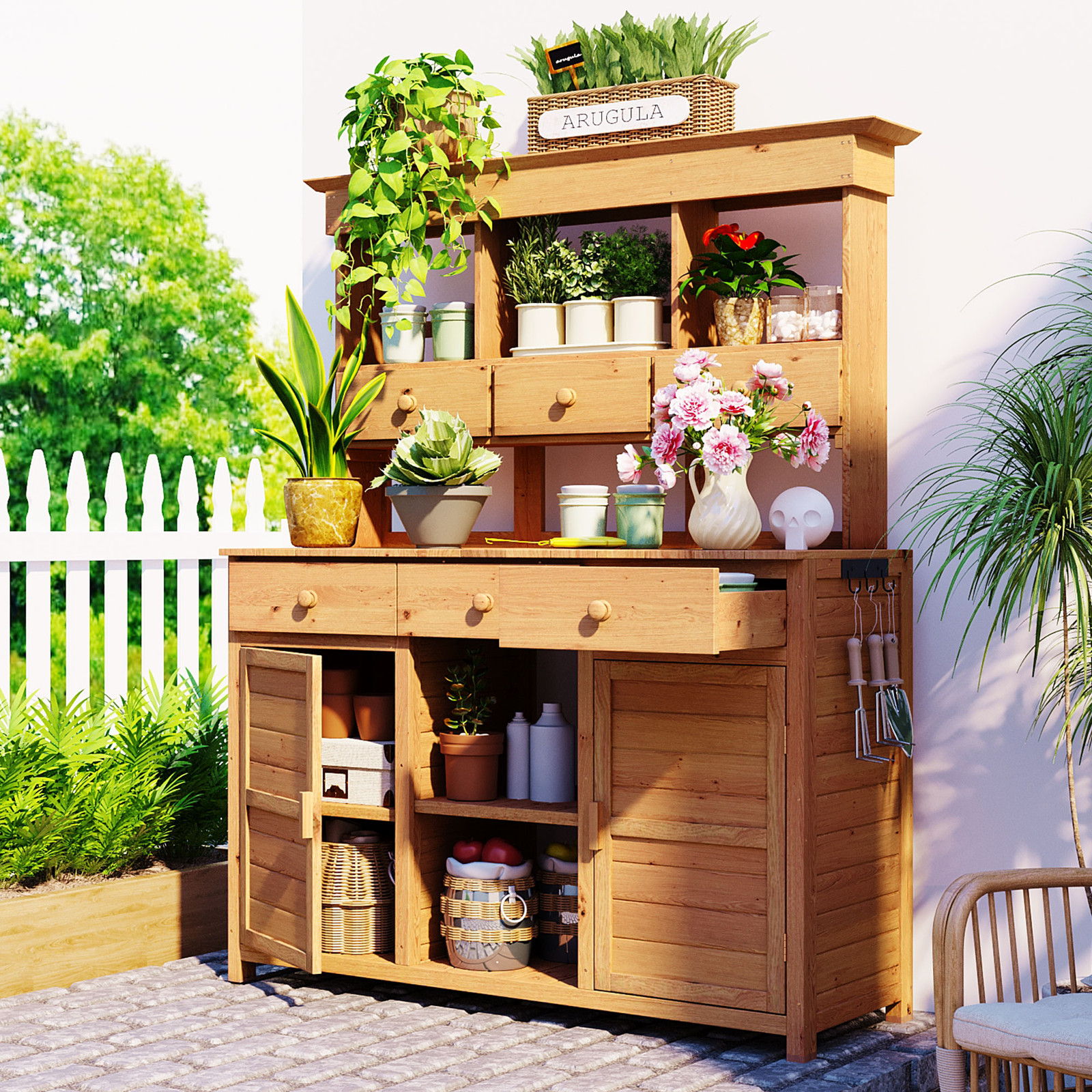 Tall Garden Potting Bench with Hutch Shelves & Drawers for Maximum Storage