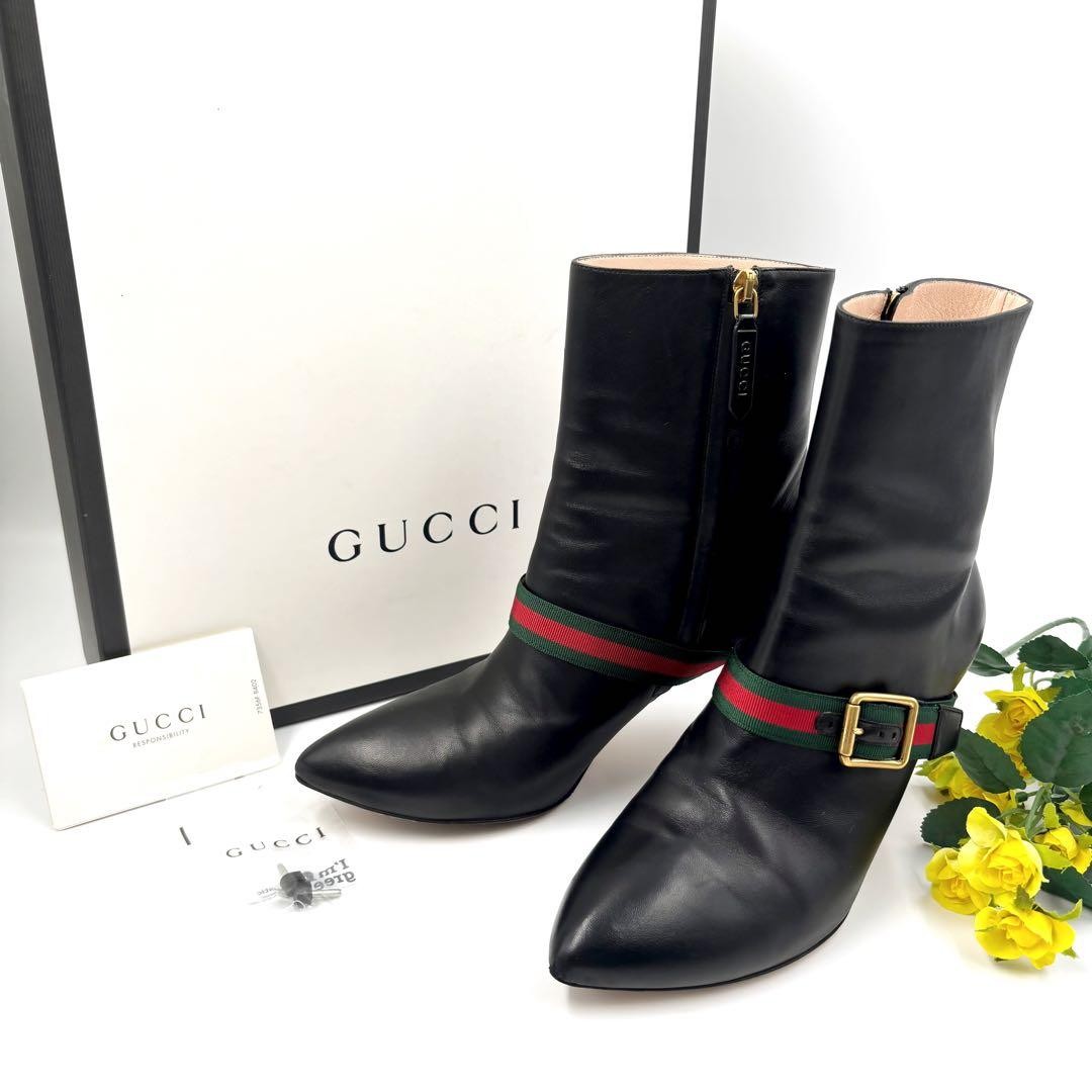 GUCCI Boots Heel Sherry Line Leather Black EU37/US7 116480c thumbnail 17