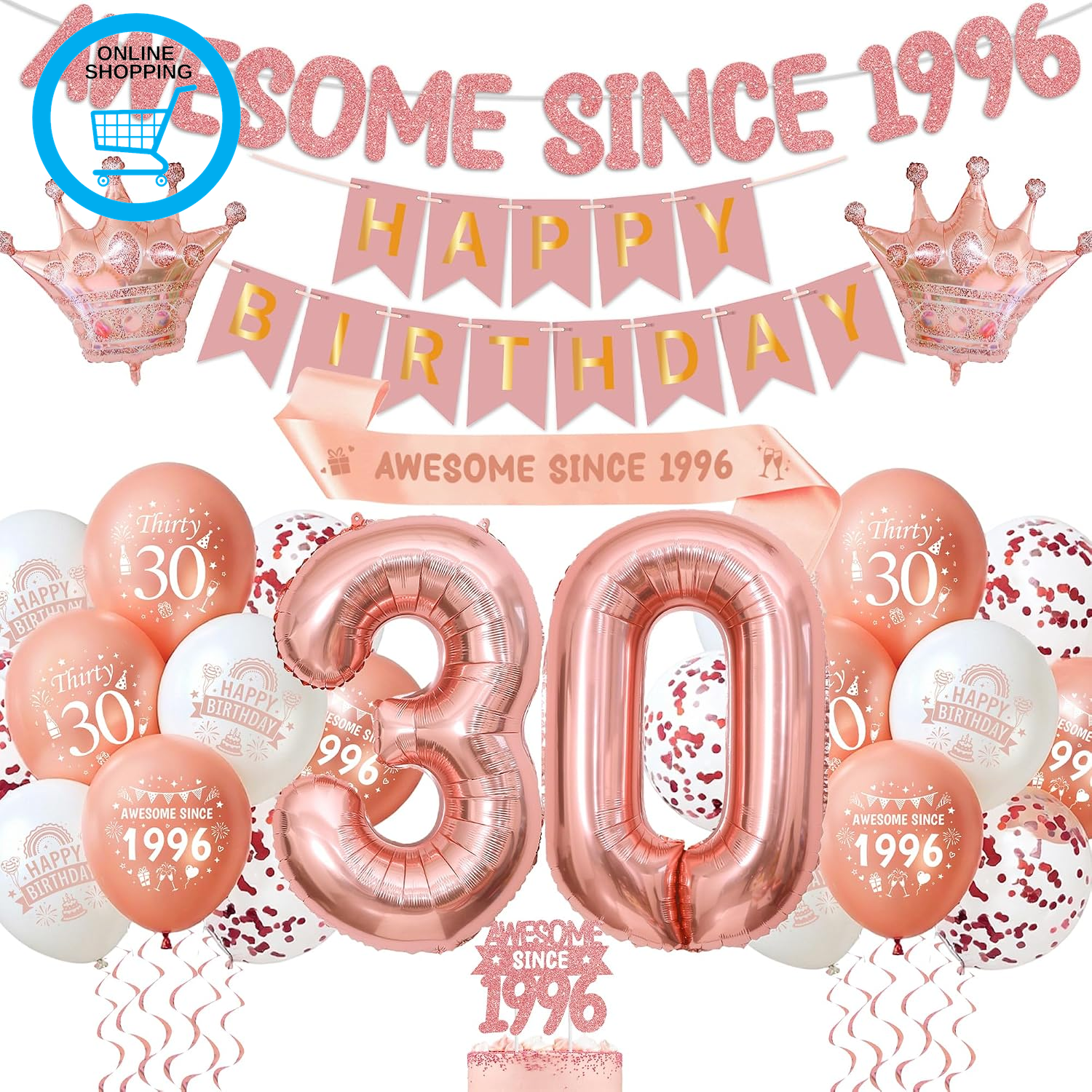 30Th Birthday Decorations Rose Gold - Awesome since 1996 Banner Set with Cake To