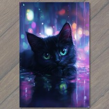 STICKER Black Cat Green Eyes Lying on Colorful Psychedelic Kitty Halloween