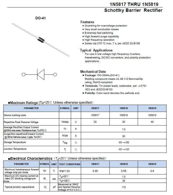 1N5817 Diode (10 Pcs) 1A 20V Schottky Barrier Diode DO-41 IN5817 | US SHIP - Image 3 of 3