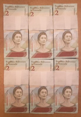 6 Full Bundle of 600 pcs Bank Notes from Venezuela 2 Bolivares Uncirculated 2018