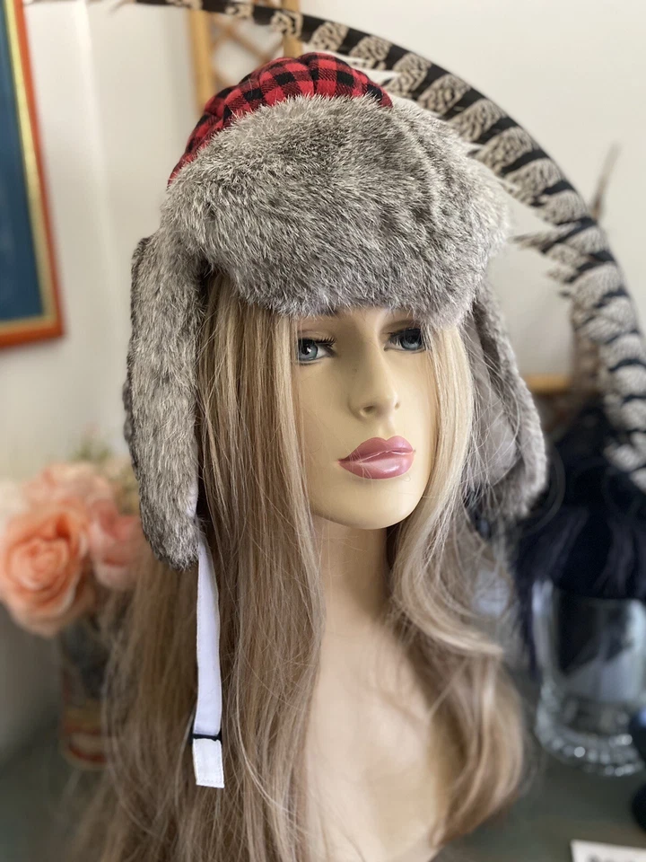 Woolrich Y2K Vintage Plaid Red White Trapper Hat Rabbit Fur Trim Medium Unisex - Image 2 of 4