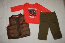 Baby Boys 3 PC OUTFIT Shirt Vest Pants ORANGE GREEN BROWN CAMO 0-3 3-6 6-9 18 MO