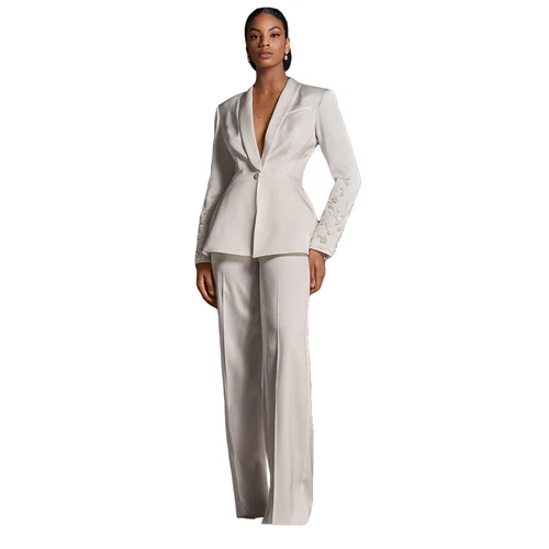 3D Flowers Women's Suits Slim Fit Blazer Beaded Ladies Shawl Lapel Party Outfits - Picture 5 of 30