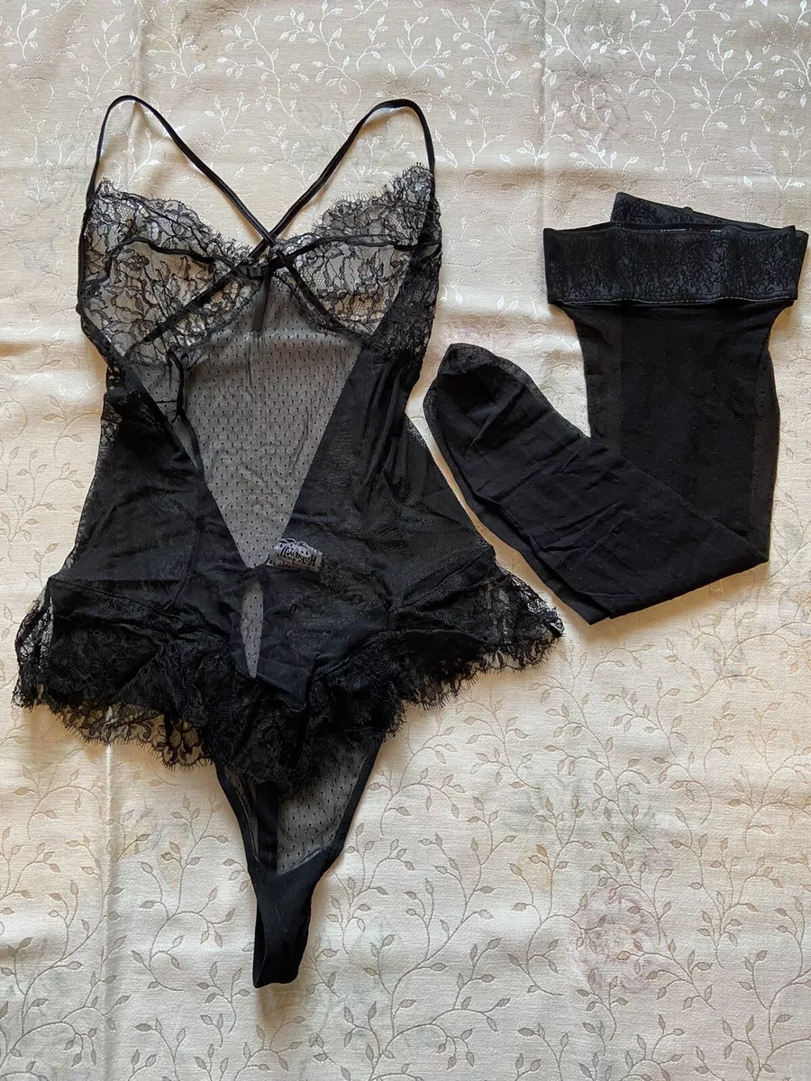 NWT Wolford 2PC Lingerie Set Black Lace Bodysuit & Stay-Up Tights L Large