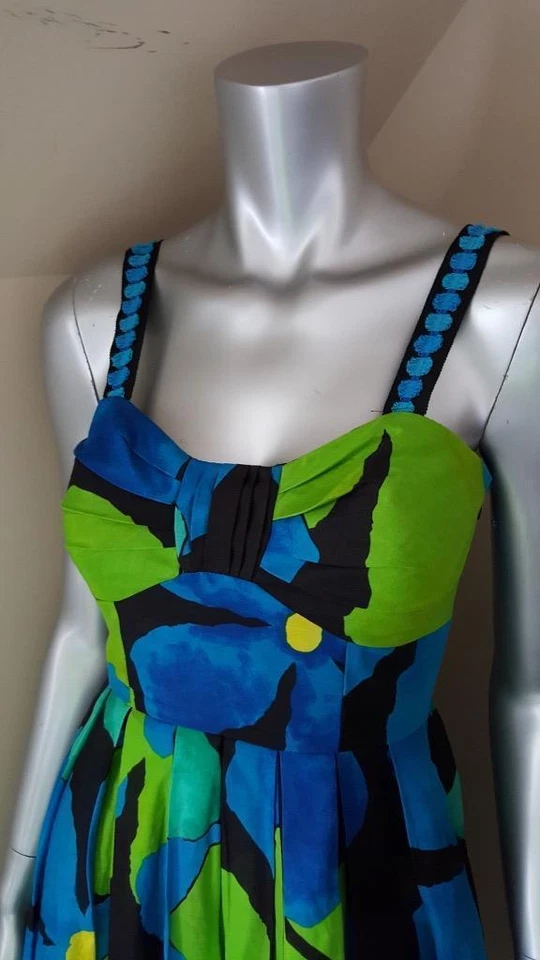 Vestido sin mangas JAX Designer azul verde floral algodón mezcla seda Imperio talla 2 nuevo sin etiquetas Foto 3 de 4