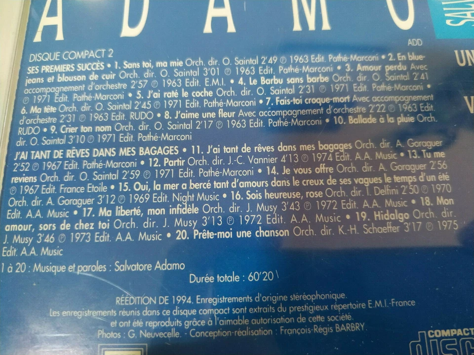 Adamo Une Voix Un Coeur 20 Tracks 1994 - CD - Bild 3 von 4