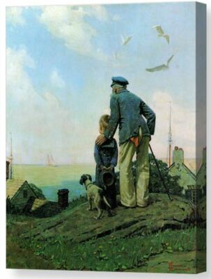 Looking Out to Sea by Norman Rockwell Old Sailor Young Boy Dog Seascape Canvas