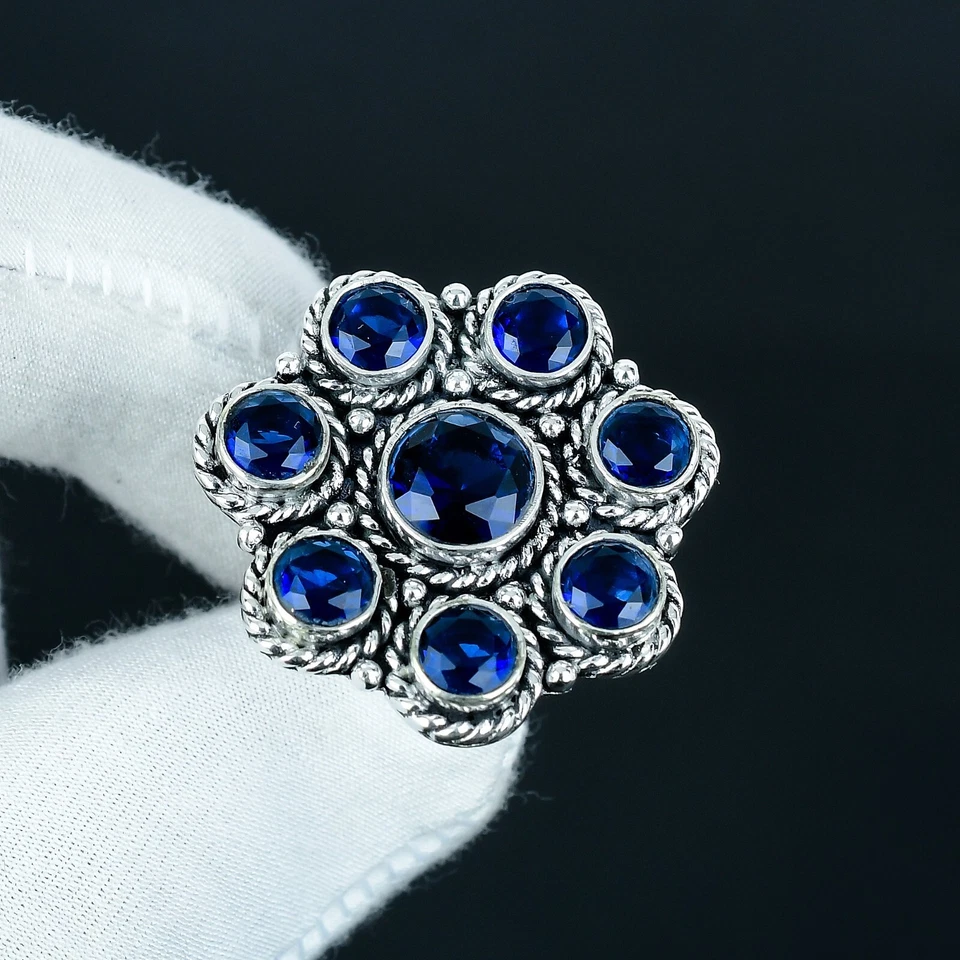 Zaffiro Blu Creato IN Laboratorio 925 Argento Sterling Anello a Fiore Fatto Mano - Immagine 2 di 4