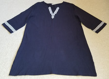 Womens Dress-TALBOTS-navy blue cotton knit embroidered shift beachy 3/4 slvs-PL