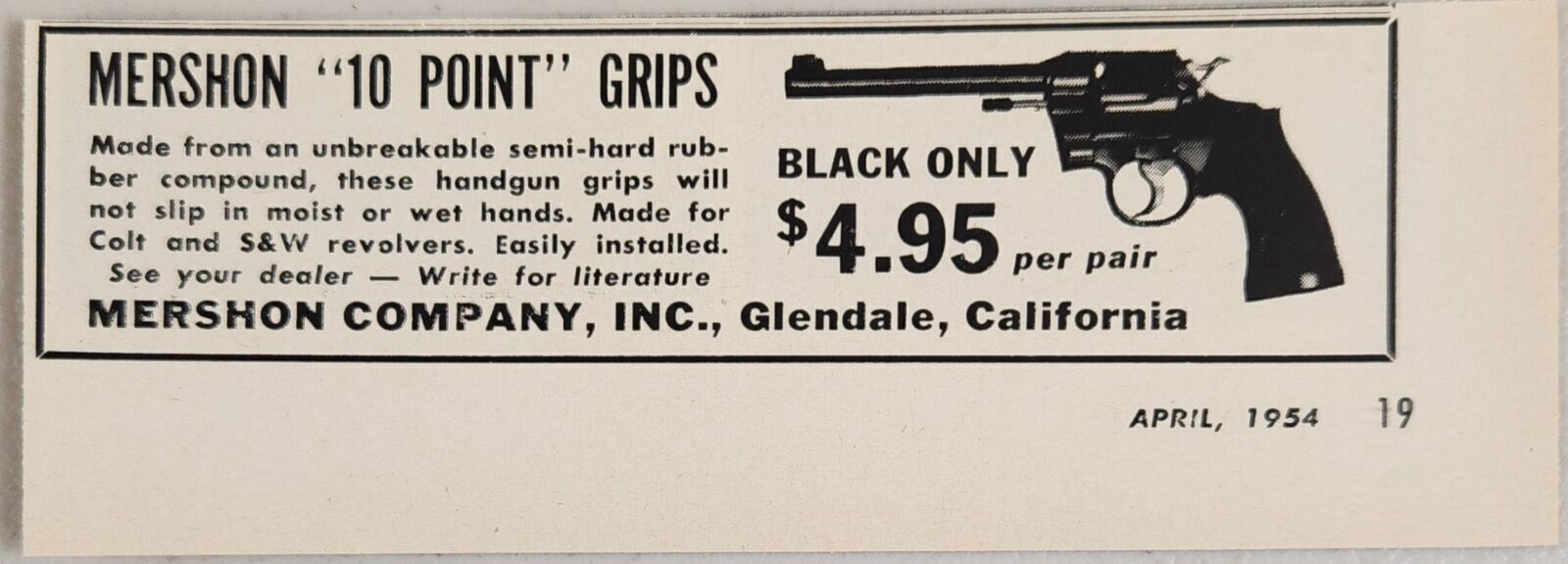 1954 Print Ad Mershon 10 Point Grips for Revolvers Glendale,California
