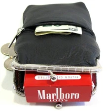 Lady's Pure Leather Cigarette Case Lighter Match Pocket Zipper Coin Pouch- BLACK