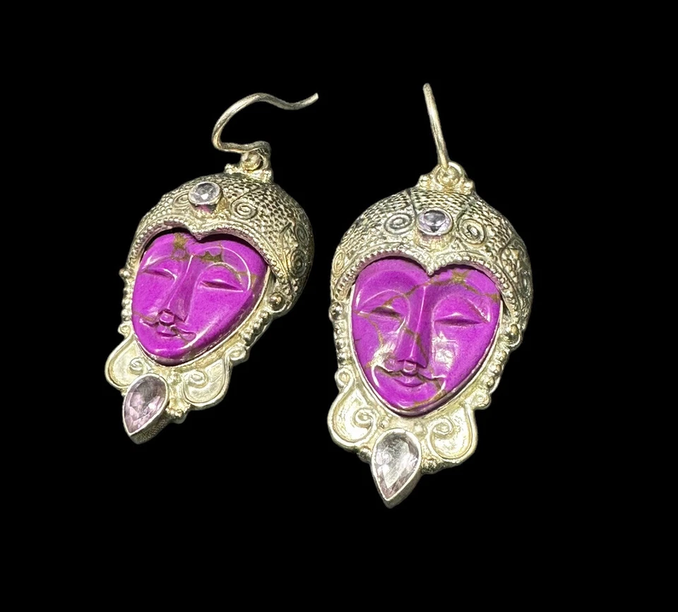 Silver Plate Bali Ethnic Gemstone Carved Face Earrings Amethyst Dangle Hook - Image 3 of 4