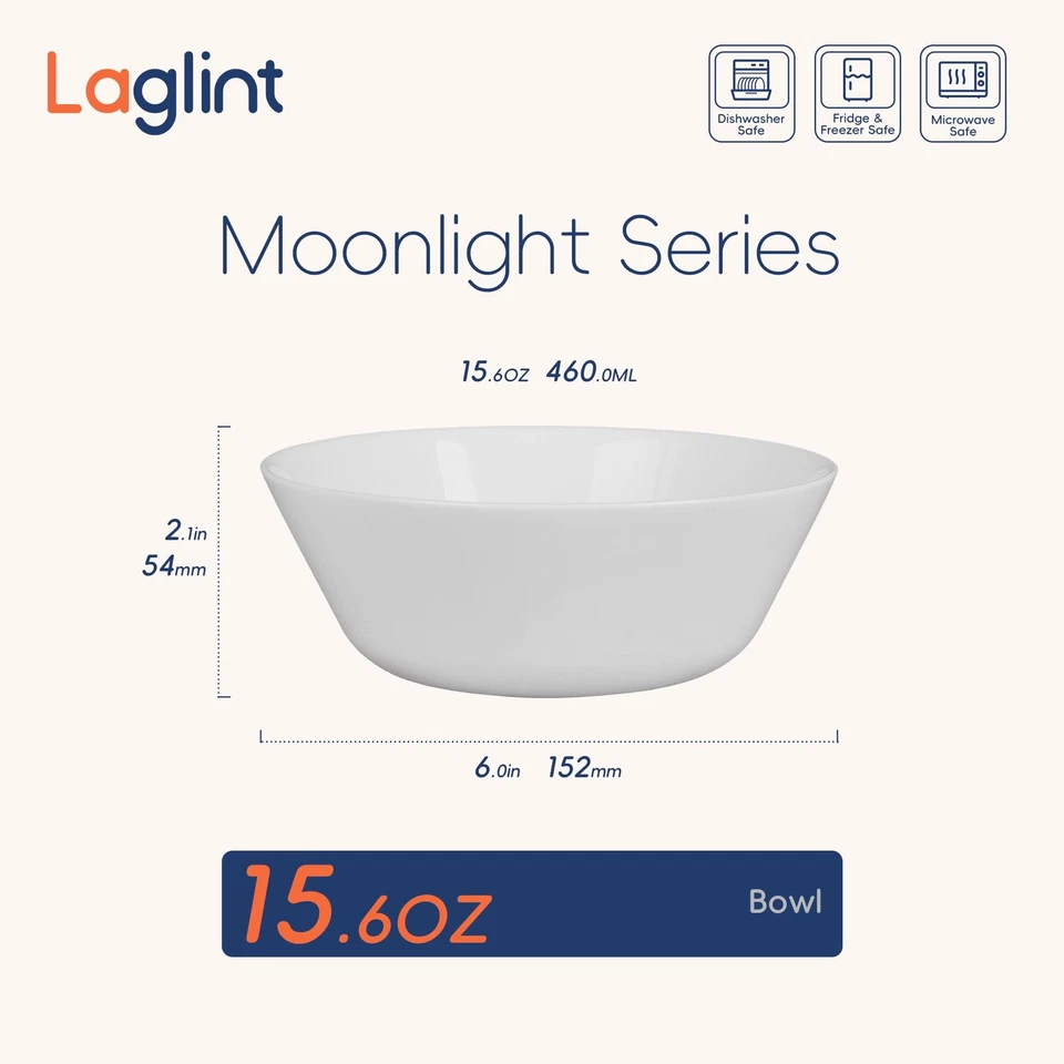 4 Bols à Céréales Blanc 473ml Verre Opale Bols Rondes Passe au micro-ondes et... - Photo 3/4