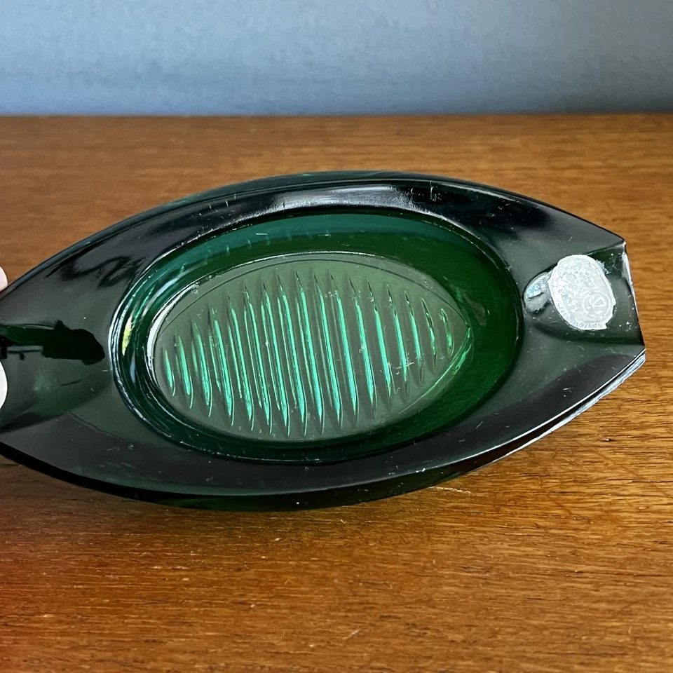 Vintage Czech Green Glass Dish Ashtray With Label Retro Sklo? - Image 2 of 4