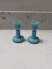 Vintage hobnail light blue milk glass Candlestick Candle holders. Set of two.