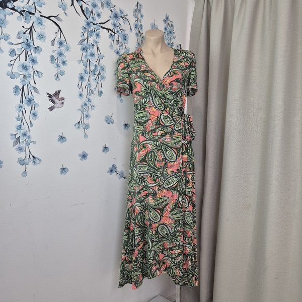 Leina And Fleur Dress AU 12 Long Maxi Stretch Paisley Green orange wrap R5