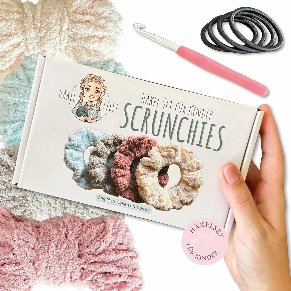 HÄKELset Kinder Scrunchies DIY HÄKELn Lernen Kreativ Geschenk Mädchen 8 Jahre