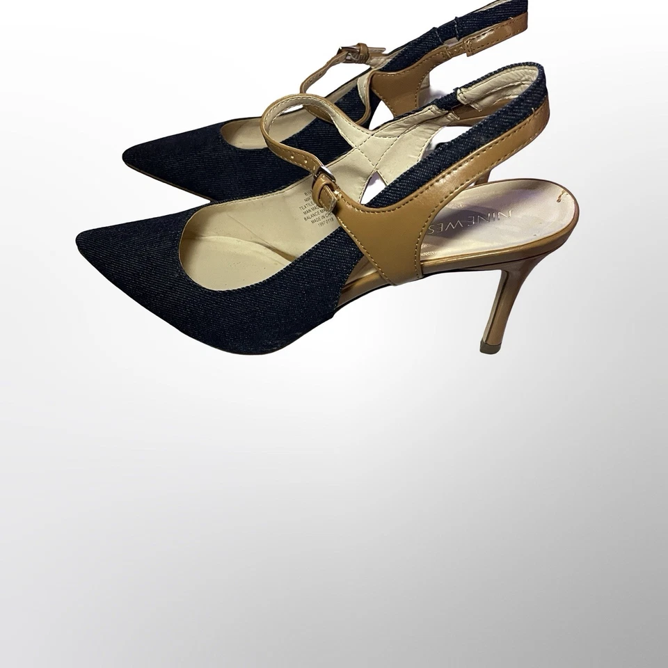 Tacones Nine West para mujer talla 8,5 denim punta punta correa tostada Foto 2 de 4