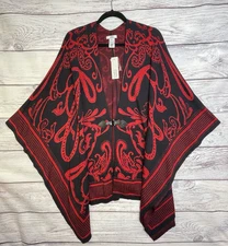 Croft & Barrow Poncho Cape Shawl One Size Red Black Paisley Cotton Rayon Boho