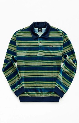 HUF Kramer Velvet Rugby Polo Shirt Mens XL Green Blue Stripe SOLD OUT