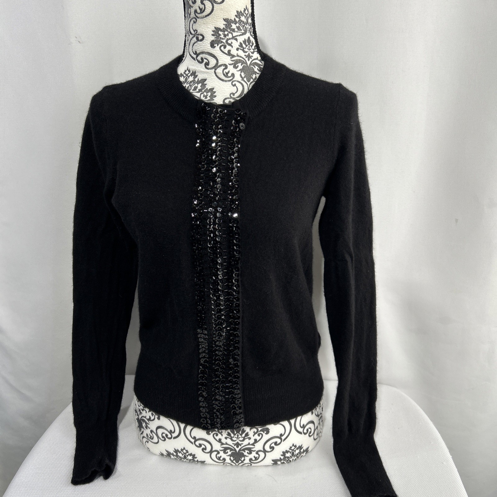 J Crew Women’s Cardigan Sweater Cashmere Wool Sequins Front Zip Black Sz M S