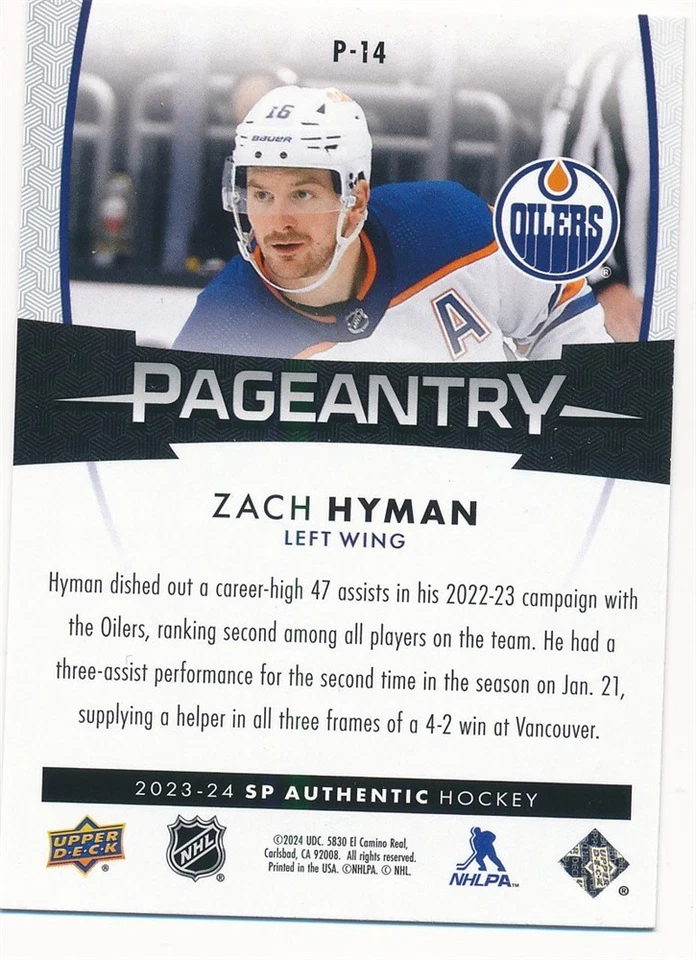 ZACH HYMAN 2023-24 SP AUTHENTIC PAGEANTRY #P-14 OILERS HOCKEY MINT - Image 2 of 2