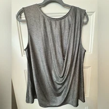 H by Halston Sleeveless Silver Metallic Drape Front Blouse Size Medium